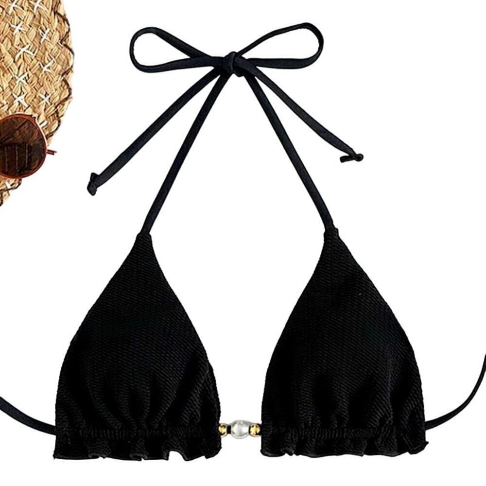 Faux Pearl Decor Frill Trim Triangle Sexy Bikini Top in Black, Size S​​​​